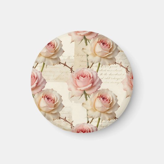 Antikes Schriftmuster mit blassrosa Rose Magnet (Vorne)