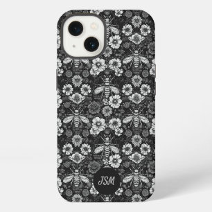 Antikes Schwarz-Weiß-Blumenmuster Bienen Initialen iPhone 13 Hülle