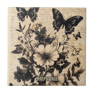 Antikes Schwarz-Weiß-Schmetterling-Wildblumen-Perg Fliese
