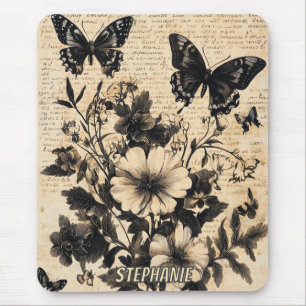 Antikes Schwarz-Weiß-Schmetterling-Wildblumen-Perg Mousepad