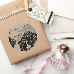 Antikes schwarzes Damast braunes Papier Hochzeit A Runder Aufkleber