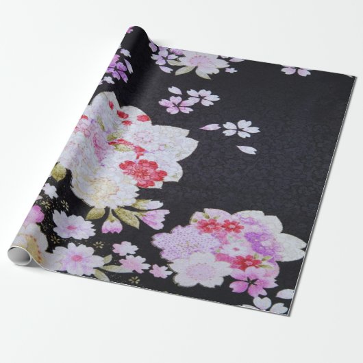 Antikes Schwarzes Japanisches Kimono Blumendekoupa Geschenkpapier (Ungerollt)