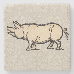 Antikes Schwein Süßes Vintage-Illustration Steinuntersetzer
