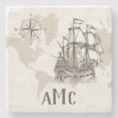 Antikes Segelboot mit Monogramm Steinuntersetzer (Vorderseite)