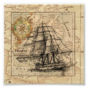 Antikes Segelschiff und alte europäische Karte Fotodruck