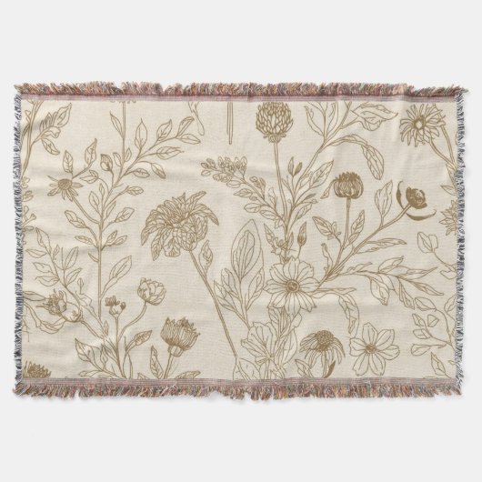 Antikes Sepia-Botanik-Linienkunst-Blumenmuster Decke (Vorderseite)
