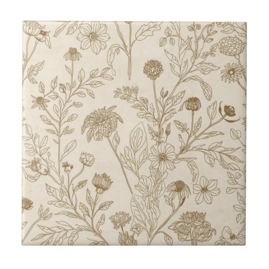 Antikes Sepia-Botanik-Linienkunst-Blumenmuster Fliese (Vorderseite)