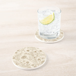 Antikes Sepia-Botanik-Linienkunst-Blumenmuster Getränkeuntersetzer