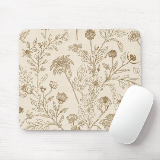 Antikes Sepia-Botanik-Linienkunst-Blumenmuster Mousepad (Mit Mouse)