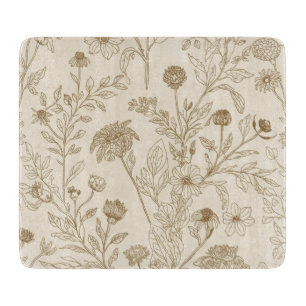 Antikes Sepia-Botanik-Linienkunst-Blumenmuster Schneidebrett