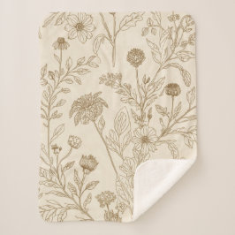 Antikes Sepia-Botanik-Linienkunst-Blumenmuster Sherpadecke