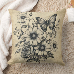 Antikes Sepia-Schmetterling-Rosen-Gänseblümchen-Bo Kissen