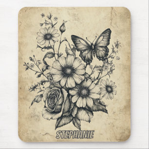 Antikes Sepia-Schmetterling-Rosen-Gänseblümchen-Bo Mousepad