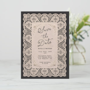 Antikes Spitzen-Doily Schwarz Save the Date mit Fo Einladung