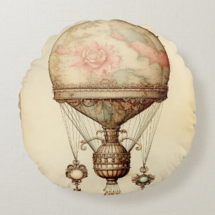 Antikes Steampunk Blumiges Heißluftballon Rundes Kissen