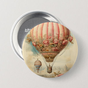 Antikes Steampunk-Rosa-Blumenmuster-Heißluftballon Button