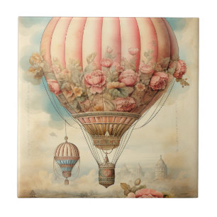 Antikes Steampunk-Rosa-Blumenmuster-Heißluftballon Fliese