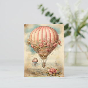 Antikes Steampunk-Rosa-Blumenmuster-Heißluftballon Postkarte