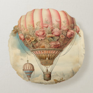 Antikes Steampunk-Rosa-Blumenmuster-Heißluftballon Rundes Kissen