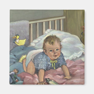 Antikes süßes Baby spielt im Kinderbett, Kindersch Magnet