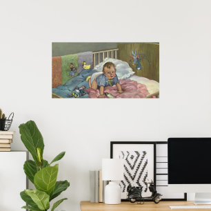 Antikes süßes Baby spielt im Kinderbett, Kindersch Poster