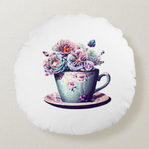 Antikes Teakholz mit Vintagen Blume Rundes Kissen
