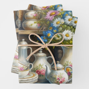 Antikes Teeservice und Wildblumen  Geschenkpapier Set