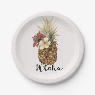 Antikes Tropisches Ananas Hibiskus Florales Aloha Pappteller