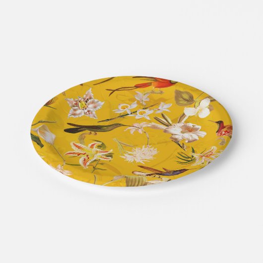 Antikes tropisches Hummingbird-Dschungelmuster Gel Pappteller (Schrägansicht)