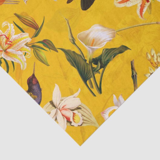 Antikes tropisches Hummingbird-Dschungelmuster Gel Seidenpapier (Detail)