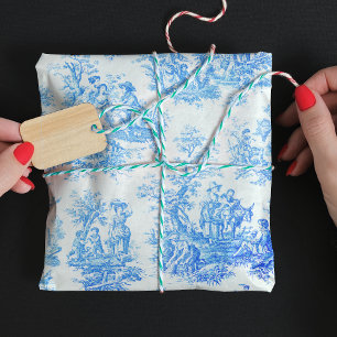 Antikes Türkisblaues Blumen-Toile de Jouy Geschenkpapier Set