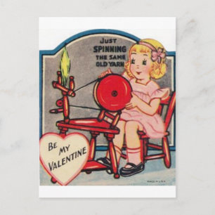 Antikes Valentinsmädchen spinnt Wolle Feiertagspostkarte