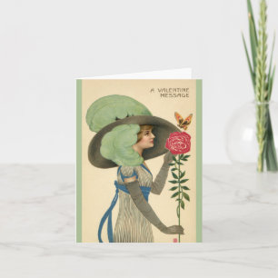 Antikes Valentinstag, Dame rote Rose Schmetterling Feiertagskarte