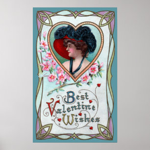 Antikes Valentinstag, elegante Frau in einem Herze Poster