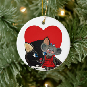 Antikes Valentinstag, Katze Maus Teetasse Herz Keramikornament