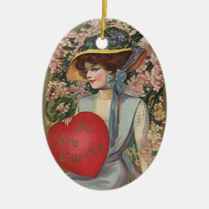 Antikes Valentinstag-Motiv, elegante Dame mit Herz Keramikornament