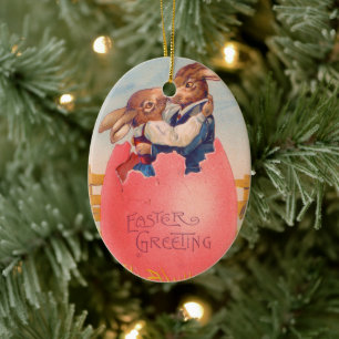 Antikes viktorianisches Ostergrußbild Zwei Hasen k Keramik Ornament