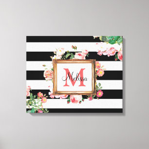 Antikes Vintage-Blumen- und Streifen-Monogramm Leinwanddruck