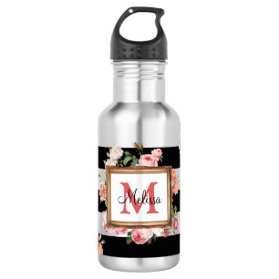 Antikes Vintage-Blumen- und Streifenmonogramm Edelstahlflasche