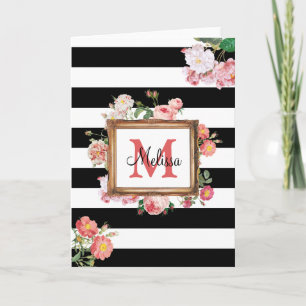 Antikes Vintage-Blumen- und Streifenmonogramm Karte