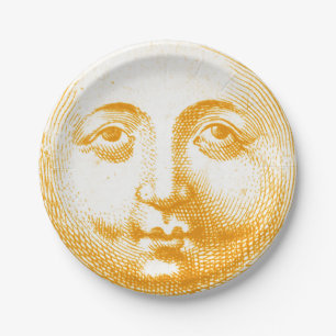 Antikes Vintages goldgelbes Sonnengesicht Pappteller