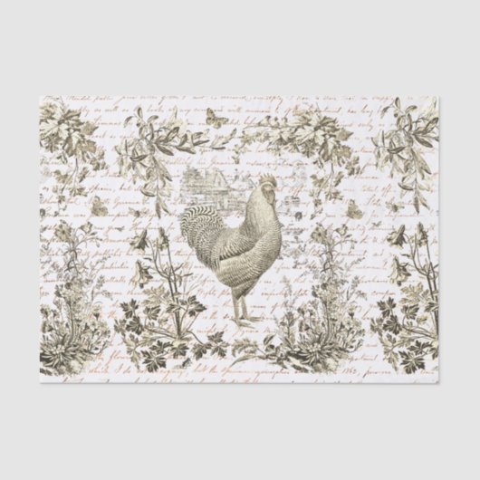 Antikes Vintages Rooster Beige Blumenschrift Seidenpapier (Vorderseite)