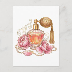 Antikes Wasserfarben-Parfümfläschchen & rosa Pfing Postkarte