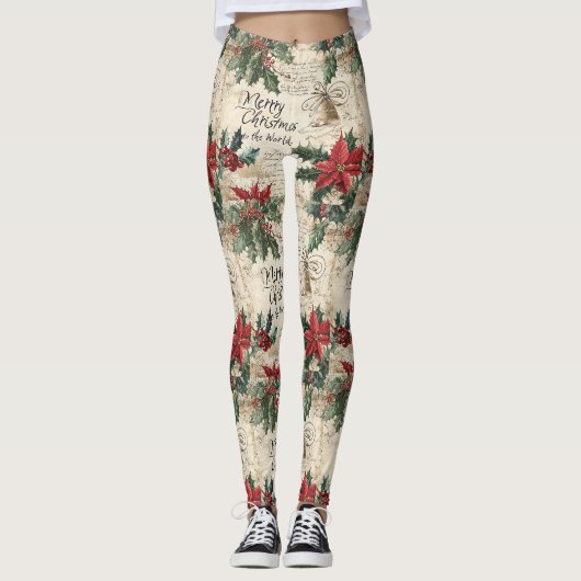 Antikes Weihnachts-Stechpalmen-Muster Leggings (Vorderseite)