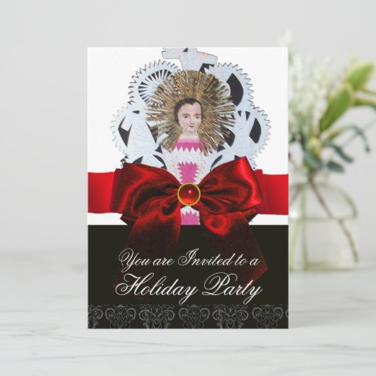 Antikes Weihnachtspapier mit rotem Bow Einladung (Stehend Vorderseite)