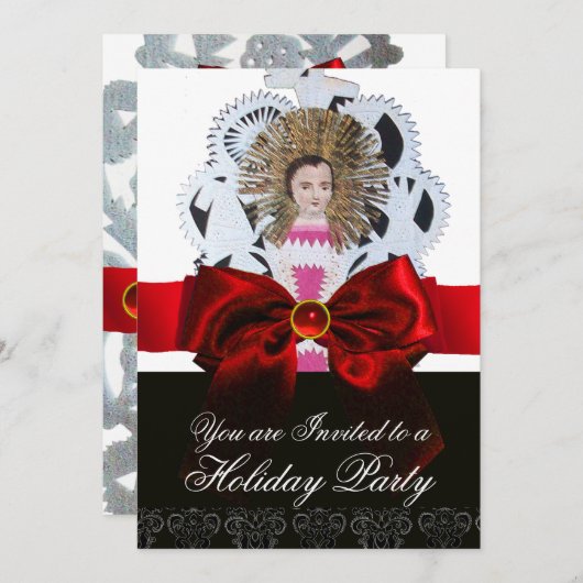 Antikes Weihnachtspapier mit rotem Bow Einladung (Vorne/Hinten)