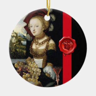 ANTIKES WEINGUTSOBST UND WEIN ,ROTES WACHS-SIEGEL KERAMIK ORNAMENT