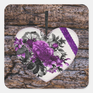 Antikes Weiß Lila Florales Herz auf dunklem Holz Quadratischer Aufkleber