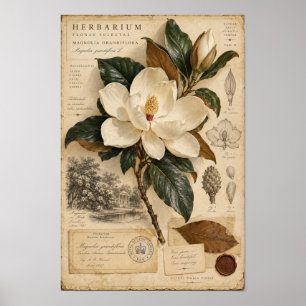 Antikes weiße Magnolie Herbarium-Wandkunst Poster