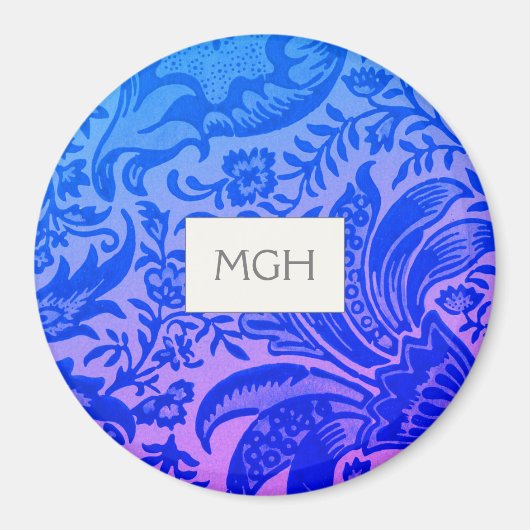 Antikes William Morris Blaues Botanisches Monogram Magnet (Vorne)